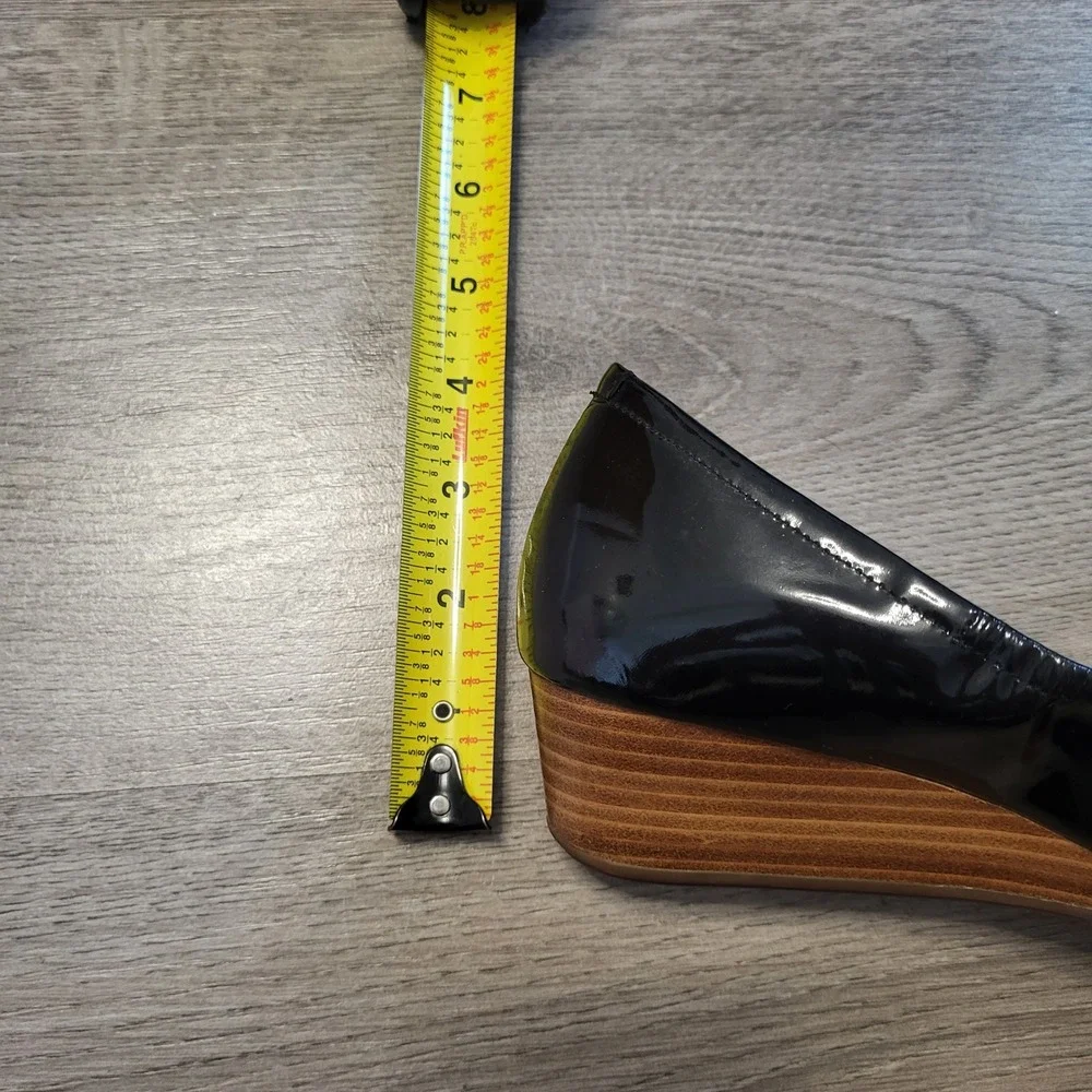 Cole Haan Grand.OS Womens Black Patent Leather Peep Toe Wedge Sandals Shoes 8.5